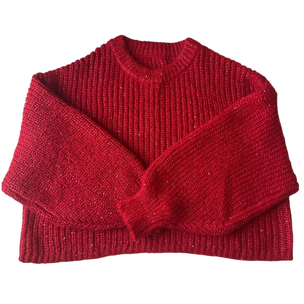 Sparkly Red Knit Sweater Sequins Crew Neck Long Sleeve Cozy Pullover Women F - Picture 4 of 8
